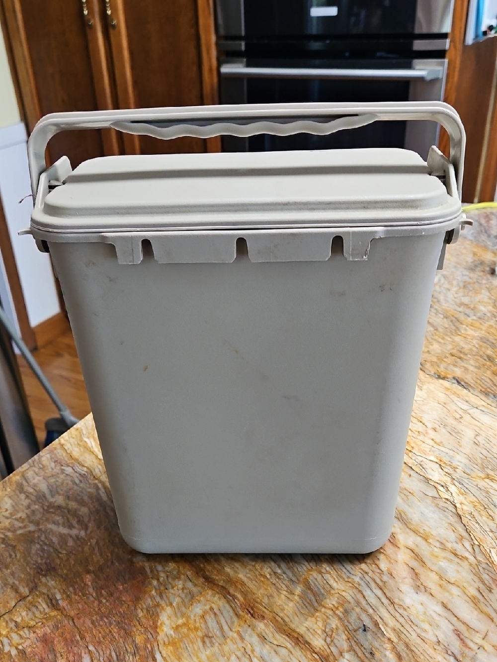 a plastic kitchen compost caddy or food waste bin with a lid and sturdy handle.